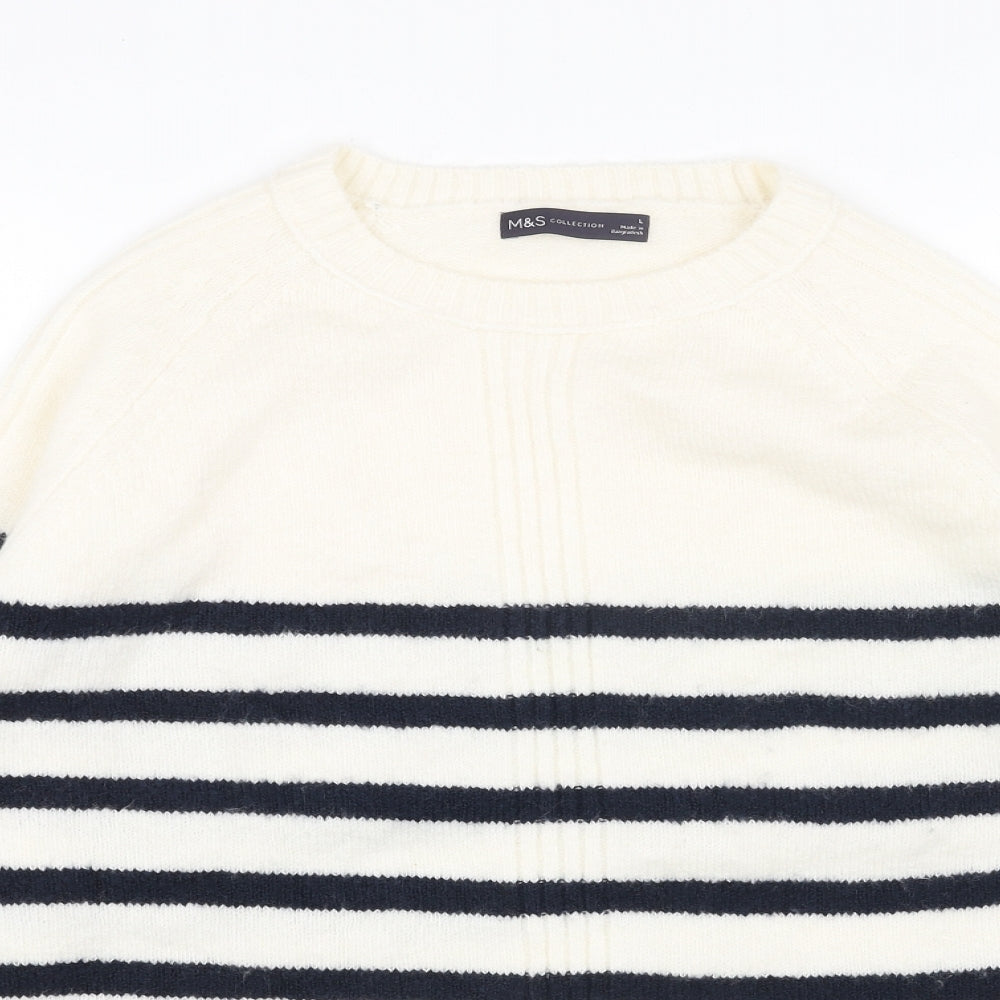 Marks and Spencer Womens White Scoop Neck Striped Acrylic Pullover Jumper Size L