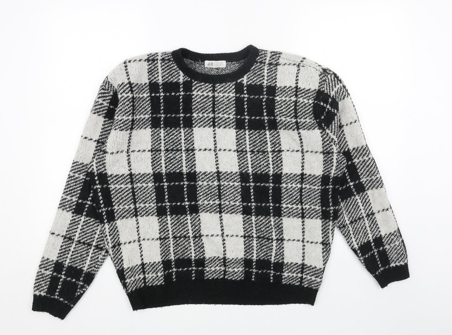 H&M Girls Black Round Neck Plaid Acrylic Pullover Jumper Size 12-13 Years Pullover