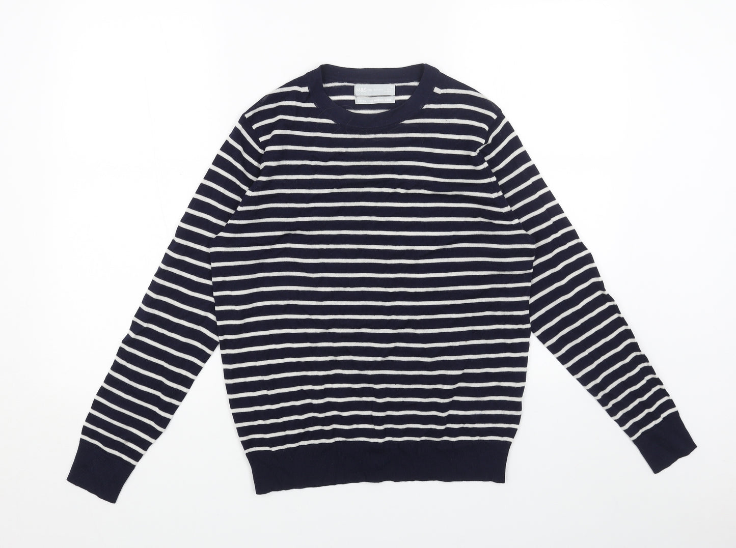 Marks and Spencer Womens Blue Scoop Neck Striped Wool Pullover Jumper Size 10