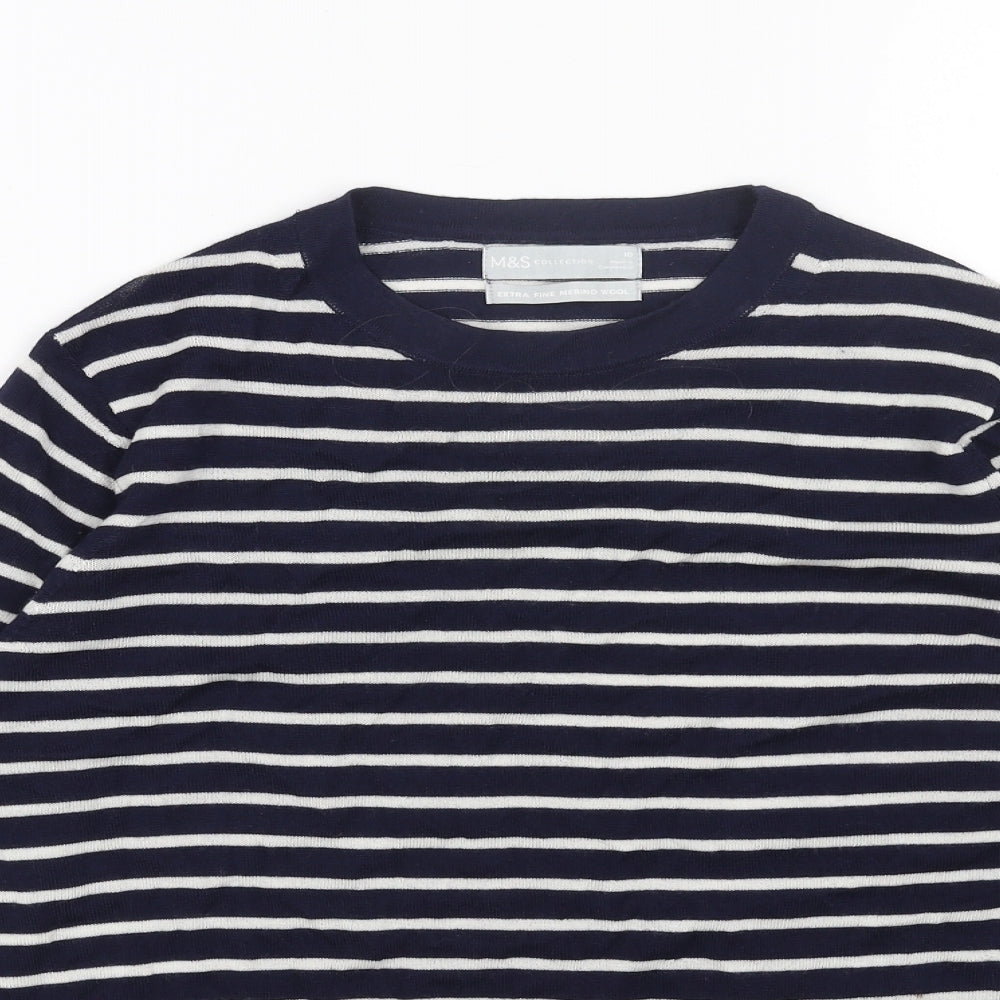 Marks and Spencer Womens Blue Scoop Neck Striped Wool Pullover Jumper Size 10