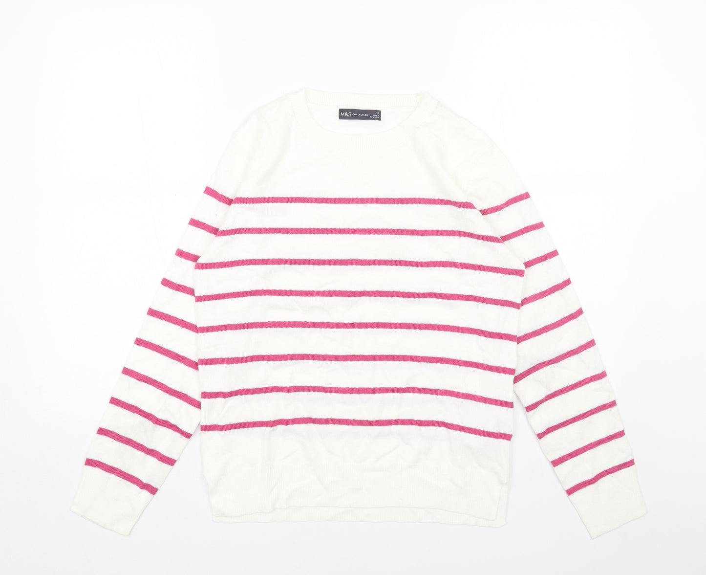 Marks and Spencer Womens White Scoop Neck Striped Acrylic Pullover Jumper Size 10