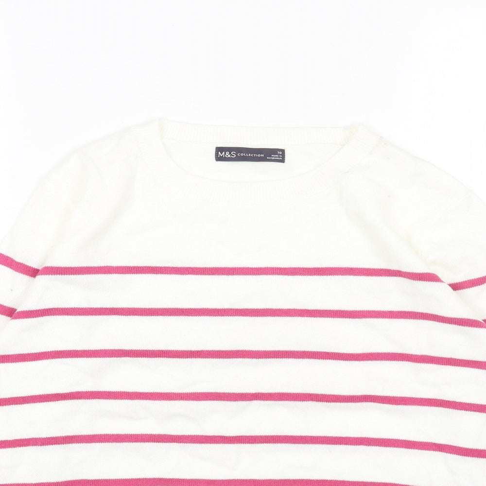 Marks and Spencer Womens White Scoop Neck Striped Acrylic Pullover Jumper Size 10