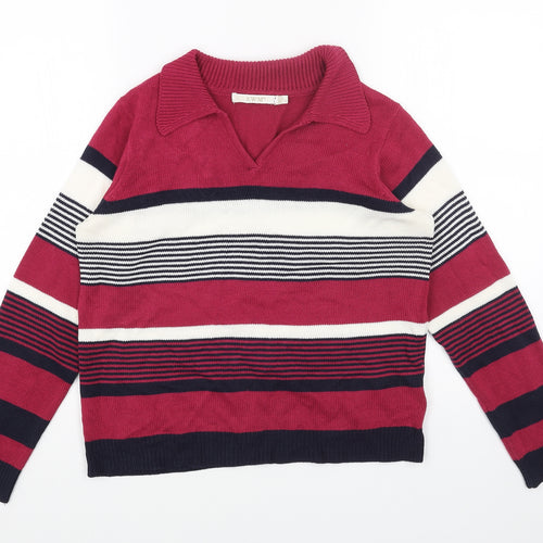 EWM Womens Pink Collared Striped Acrylic Pullover Jumper Size S