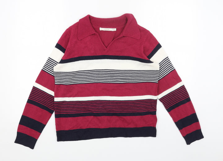 EWM Womens Pink Collared Striped Acrylic Pullover Jumper Size S