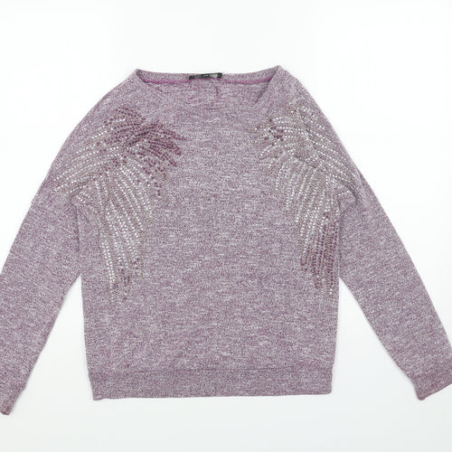 Daisylayla Womens Purple Boat Neck Viscose Pullover Jumper Size S - Fern Leaf Detail