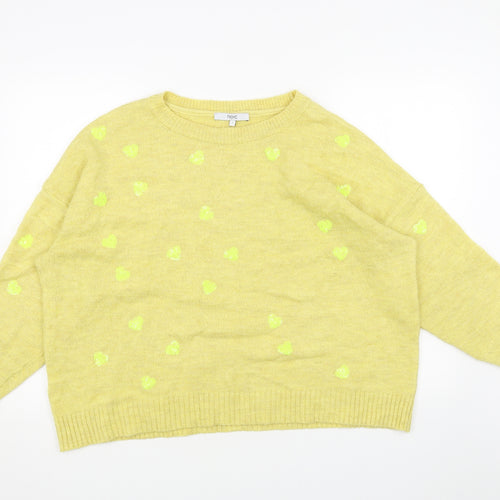 NEXT Womens Yellow Boat Neck Geometric Acrylic Pullover Jumper Size L - Hearts