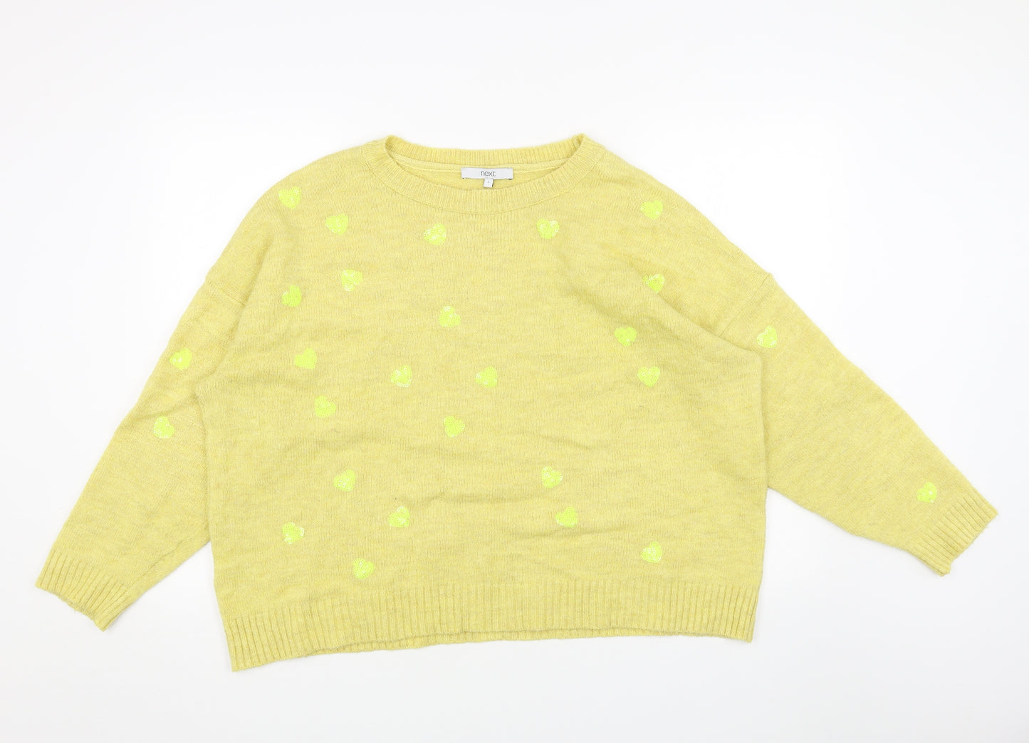 NEXT Womens Yellow Boat Neck Geometric Acrylic Pullover Jumper Size L - Hearts