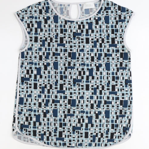 Savida Womens Blue Geometric Polyester Basic T-Shirt Size 10 Round Neck