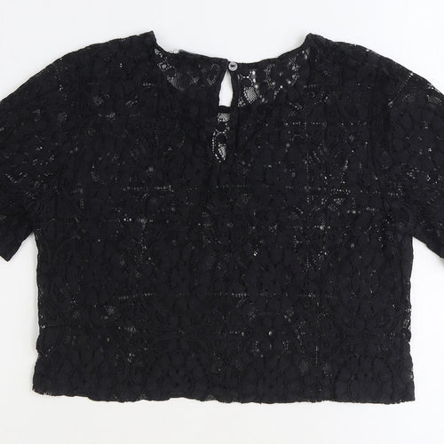 FOREVER 21 Womens Black Geometric Polyester Basic T-Shirt Size M Round Neck