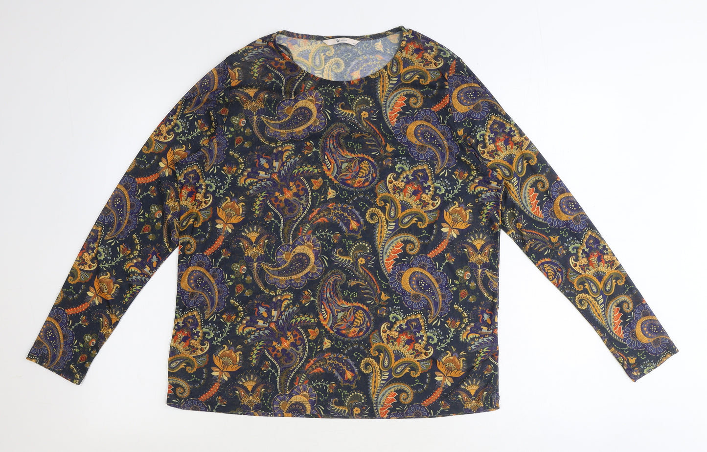 TU Womens Blue Paisley Polyester Basic T-Shirt Size 16 Round Neck