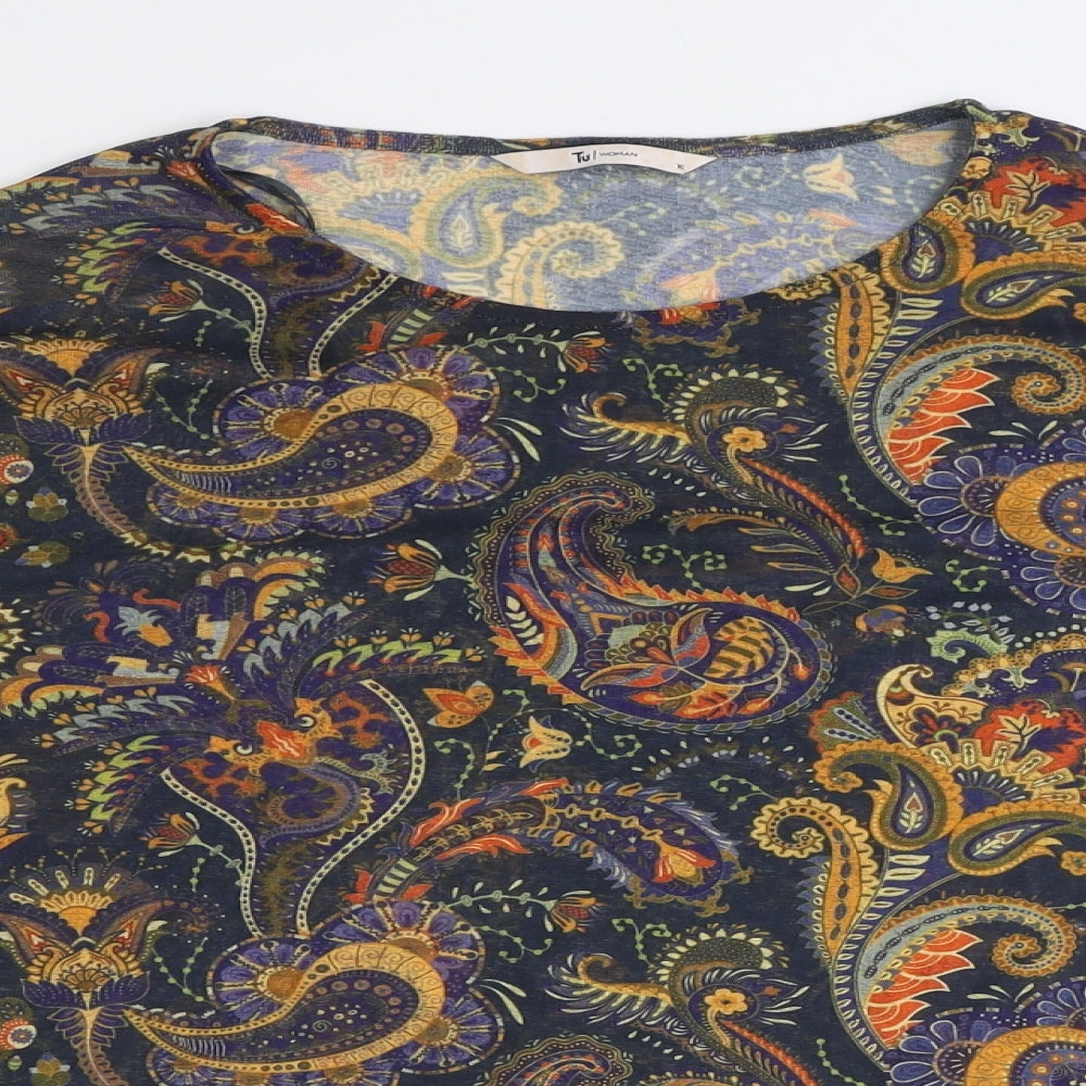 TU Womens Blue Paisley Polyester Basic T-Shirt Size 16 Round Neck