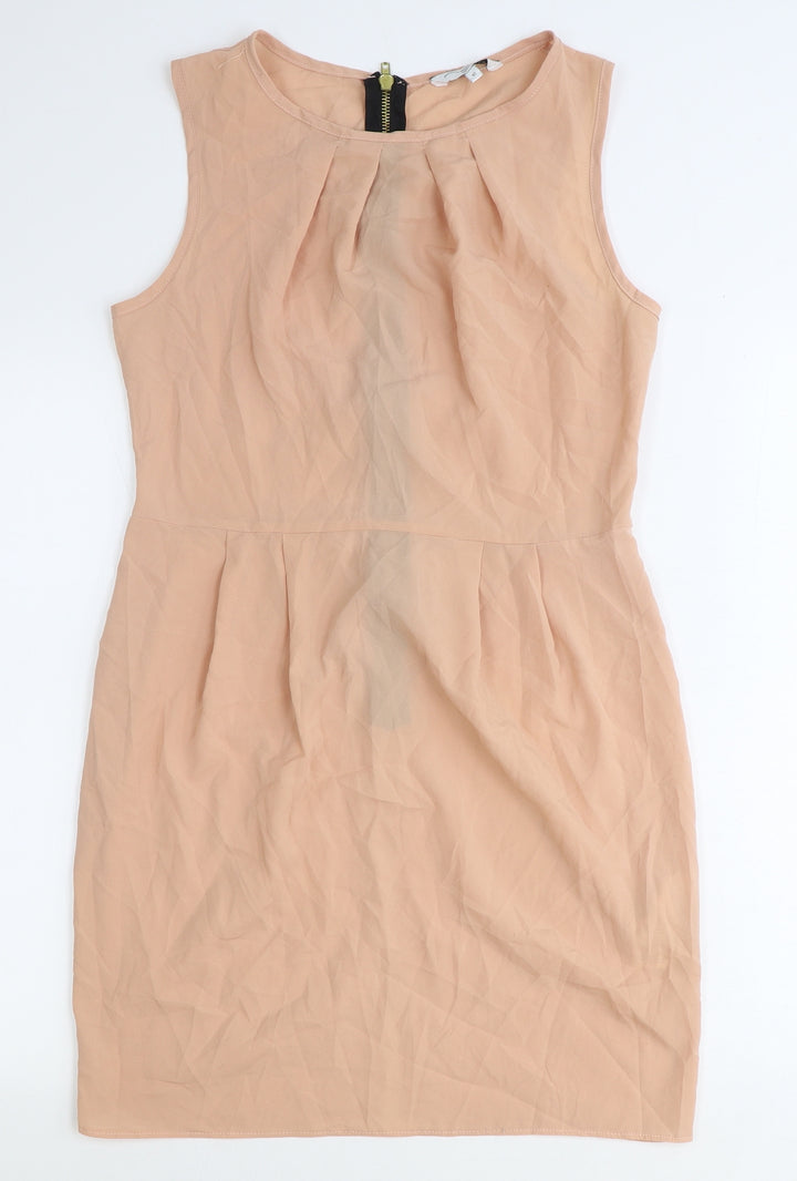 New Look Womens Pink Herringbone Polyester Pencil Dress Size 12 Boat Neck Zip - Pleat Detail