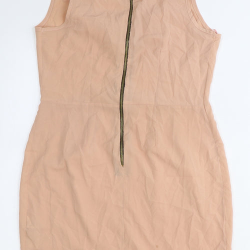 New Look Womens Pink Herringbone Polyester Pencil Dress Size 12 Boat Neck Zip - Pleat Detail