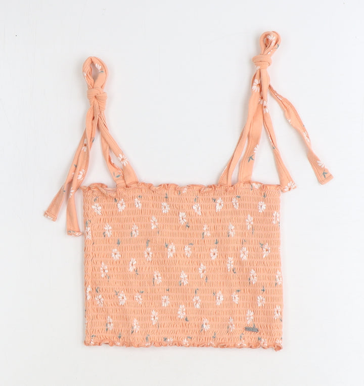 Hollister Womens Orange Floral Cotton Cropped Tank Size XS Square Neck - Shirred Tie Strap