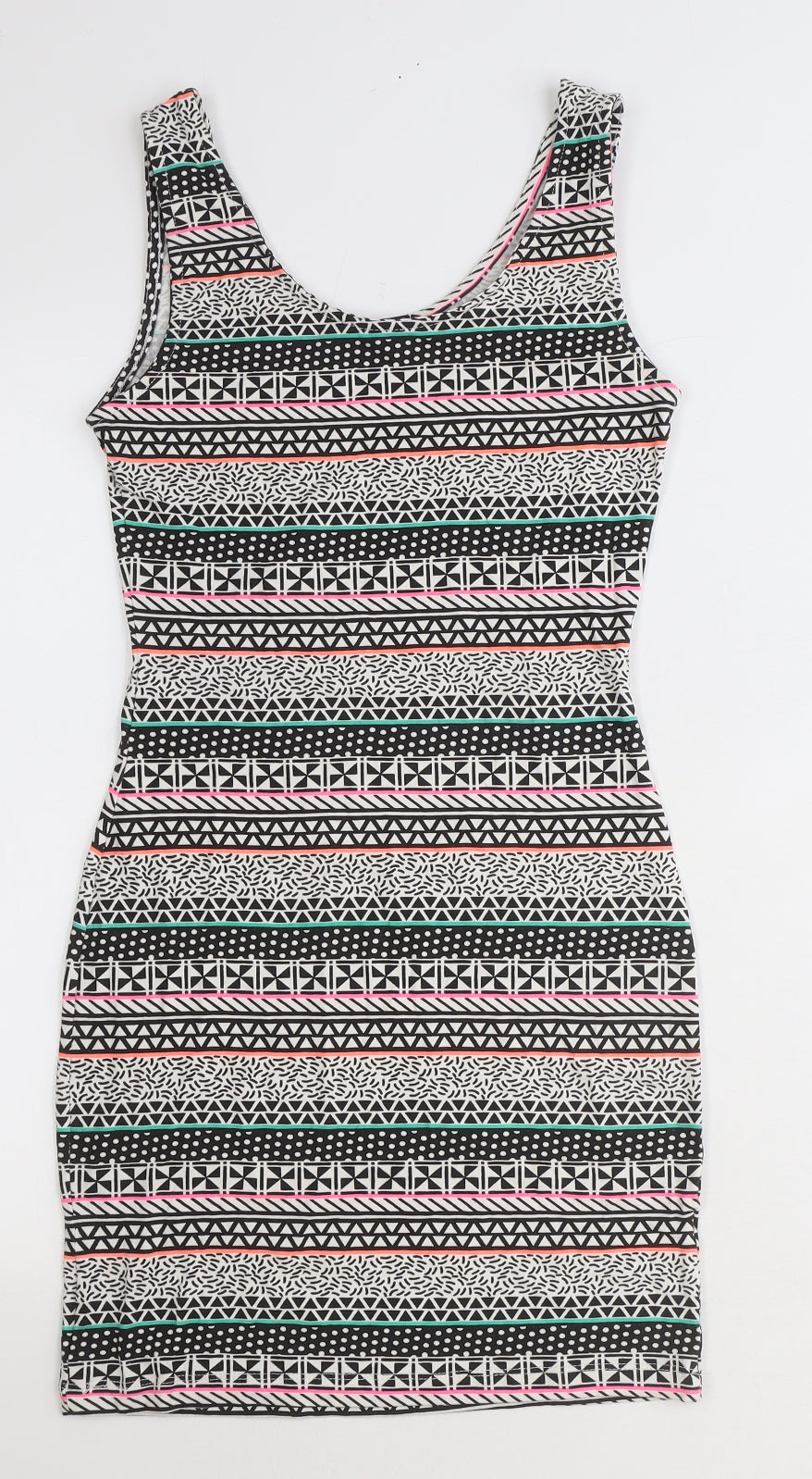 Primark Womens Black Geometric Polyester Bodycon Size 8 Scoop Neck Pullover