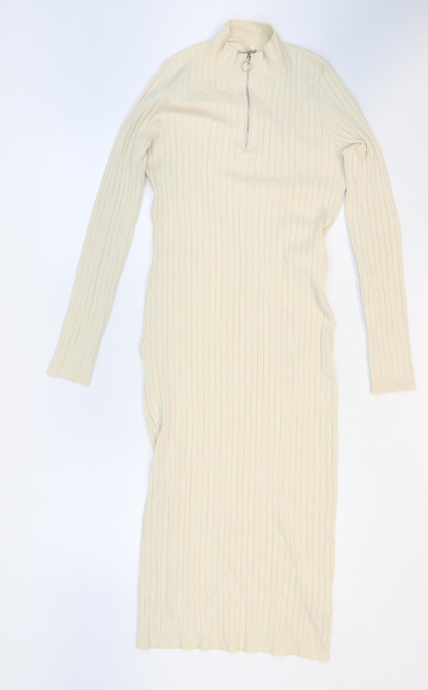 Pimkie Womens Beige Viscose Jumper Dress Size M High Neck Zip - Ribbed