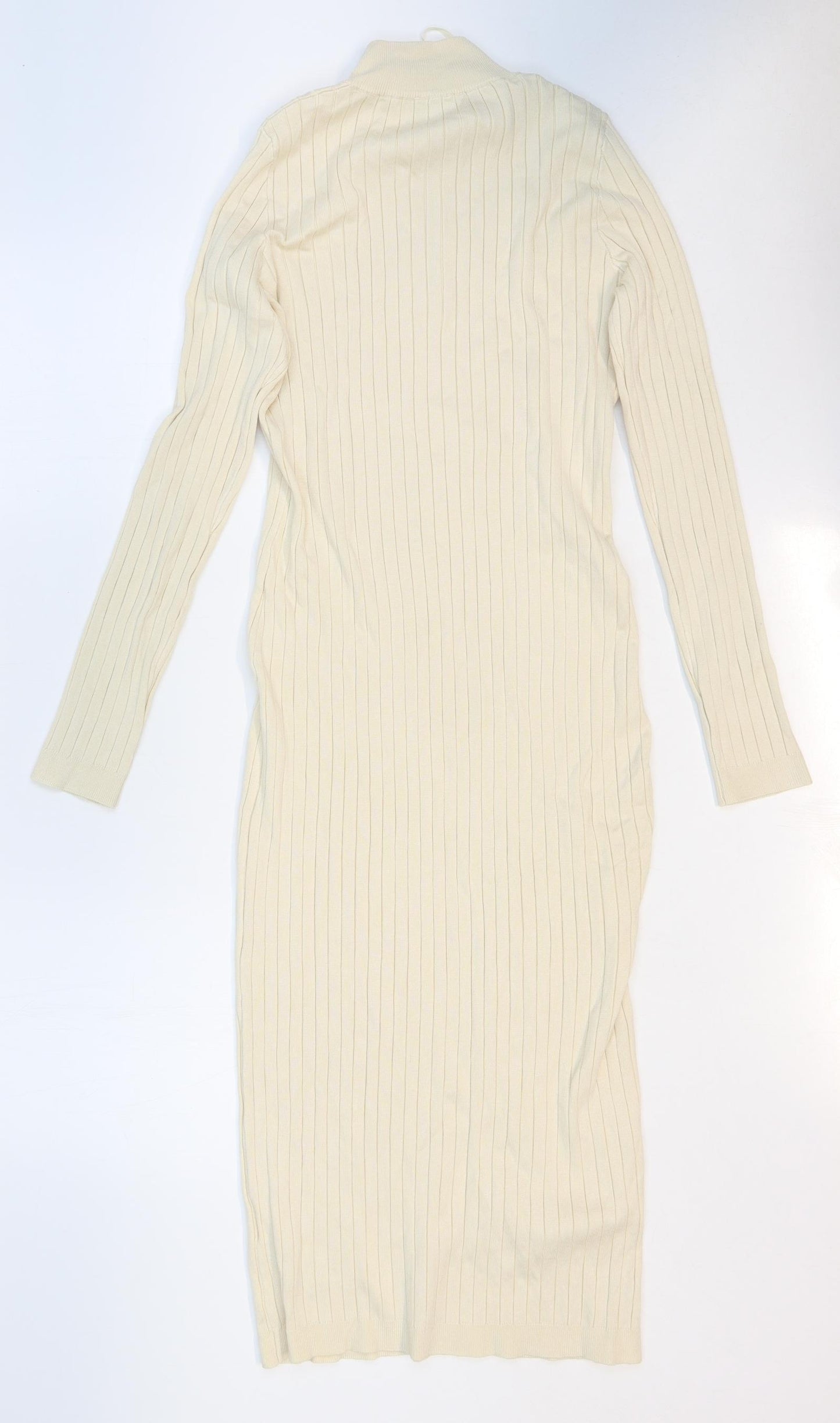 Pimkie Womens Beige Viscose Jumper Dress Size M High Neck Zip - Ribbed