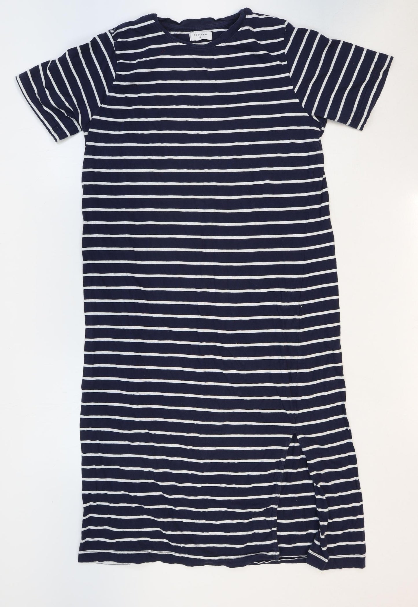 Papaya Womens Blue Striped 100% Cotton T-Shirt Dress Size M Crew Neck Pullover