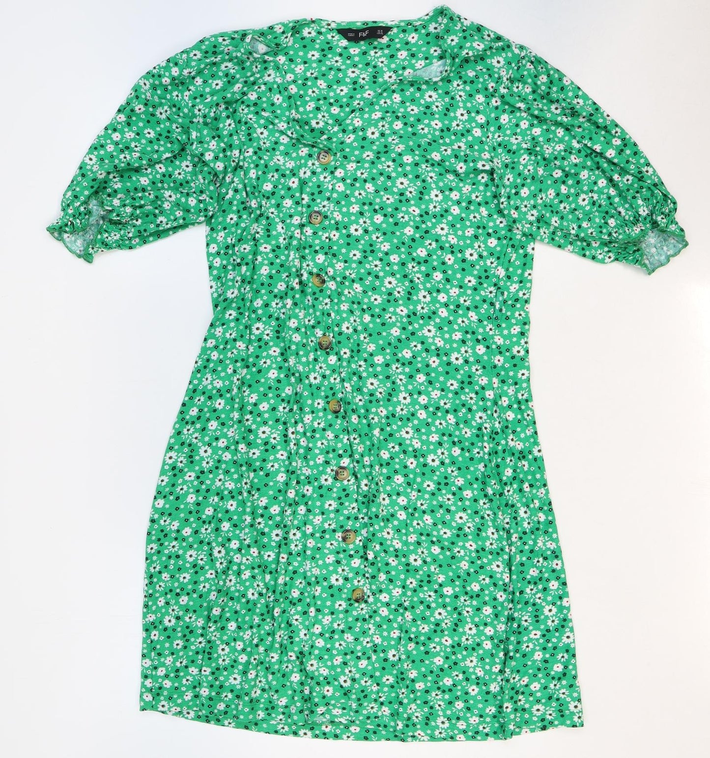 F&F Womens Green Floral Polyester Trapeze & Swing Size 10 V-Neck Button