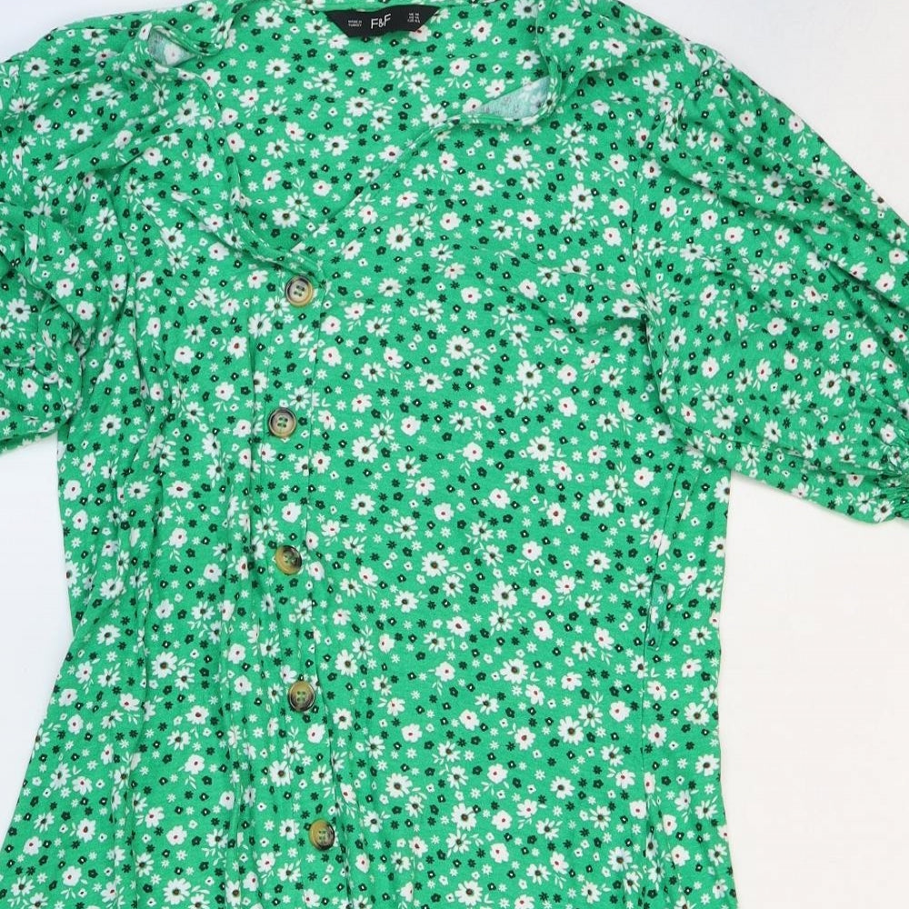 F&F Womens Green Floral Polyester Trapeze & Swing Size 10 V-Neck Button