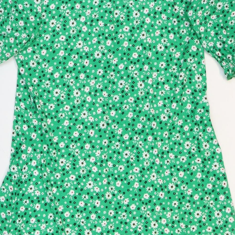 F&F Womens Green Floral Polyester Trapeze & Swing Size 10 V-Neck Button