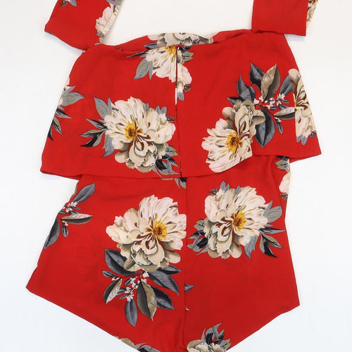 Missguided Womens Red Floral Polyester Blend Playsuit One-Piece Size 4 Zip
