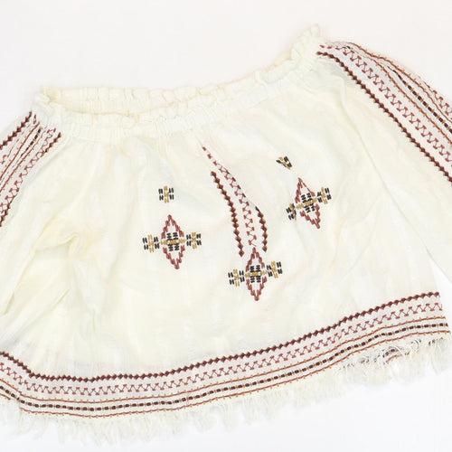 Topshop Womens White Geometric Cotton Cropped Blouse Size 6 Off the Shoulder - Bardot