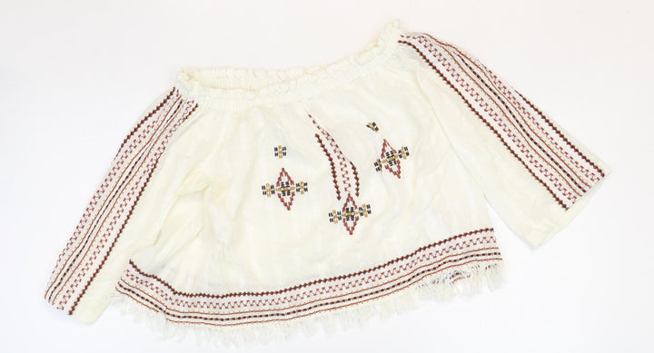 Topshop Womens White Geometric Cotton Cropped Blouse Size 6 Off the Shoulder - Bardot