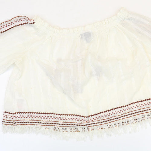 Topshop Womens White Geometric Cotton Cropped Blouse Size 6 Off the Shoulder - Bardot
