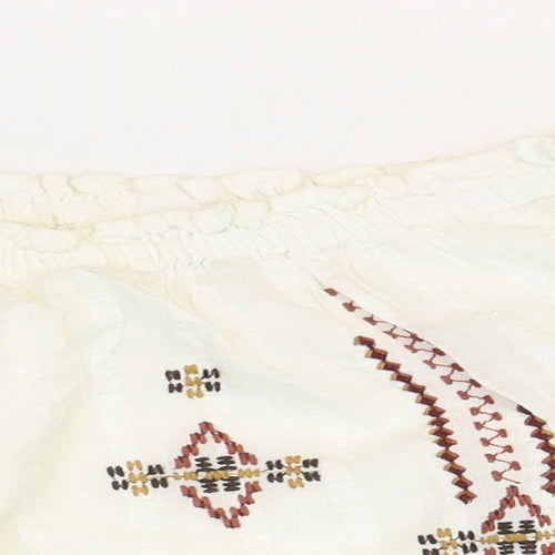 Topshop Womens White Geometric Cotton Cropped Blouse Size 6 Off the Shoulder - Bardot