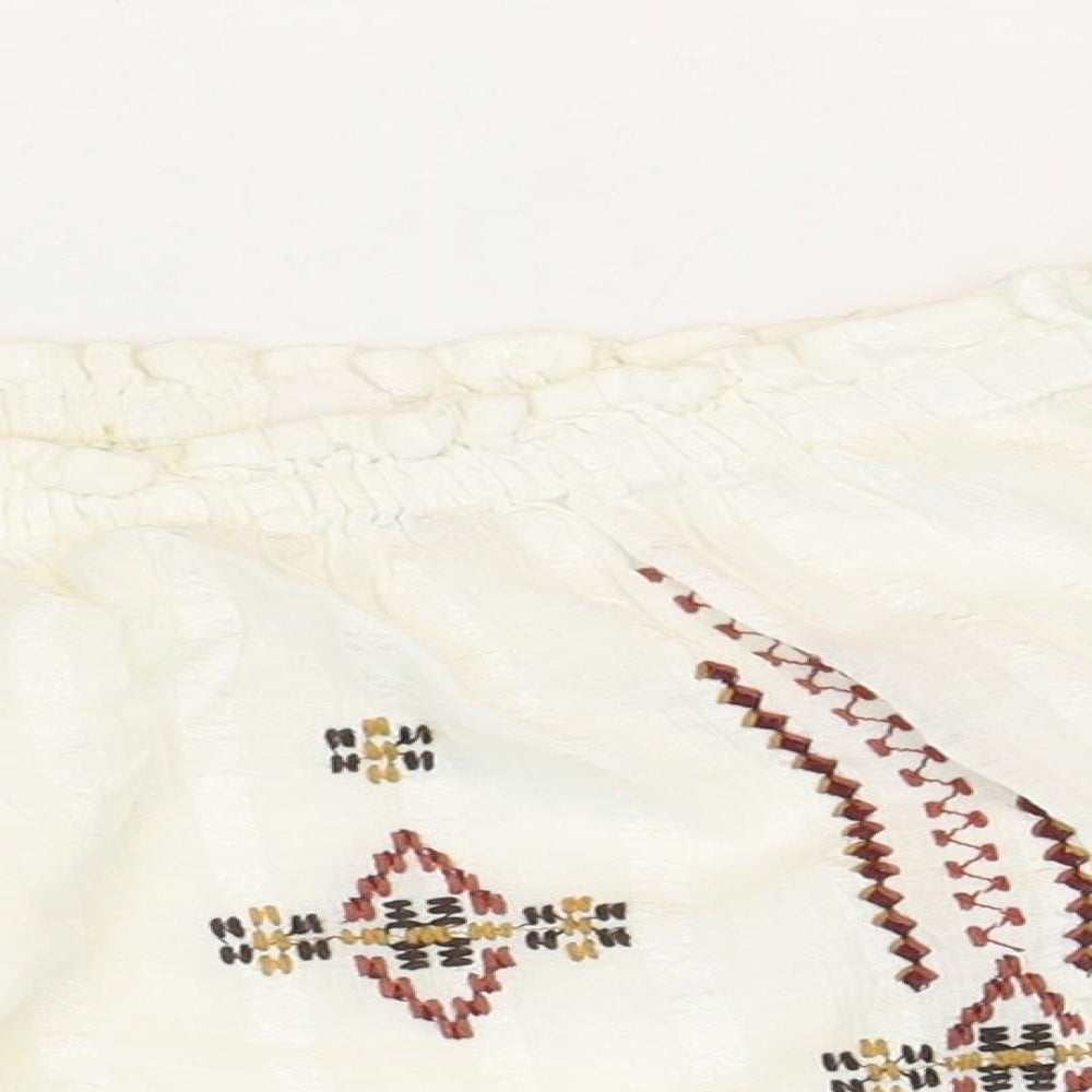 Topshop Womens White Geometric Cotton Cropped Blouse Size 6 Off the Shoulder - Bardot