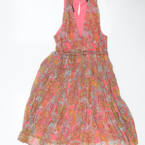 H&M Womens Pink Paisley Polyester Fit & Flare Size 6 V-Neck Button