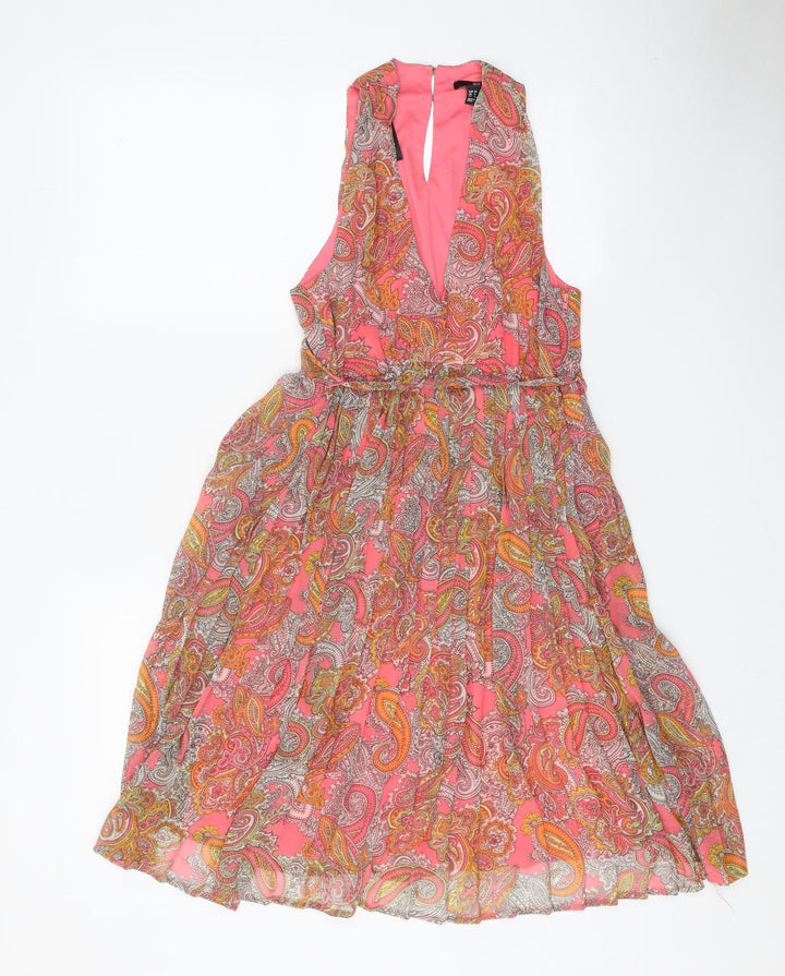 H&M Womens Pink Paisley Polyester Fit & Flare Size 6 V-Neck Button