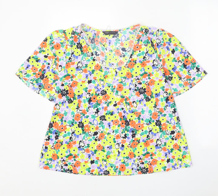 Marks and Spencer Womens Multicoloured Floral Polyester Basic Blouse Size 8 Round Neck