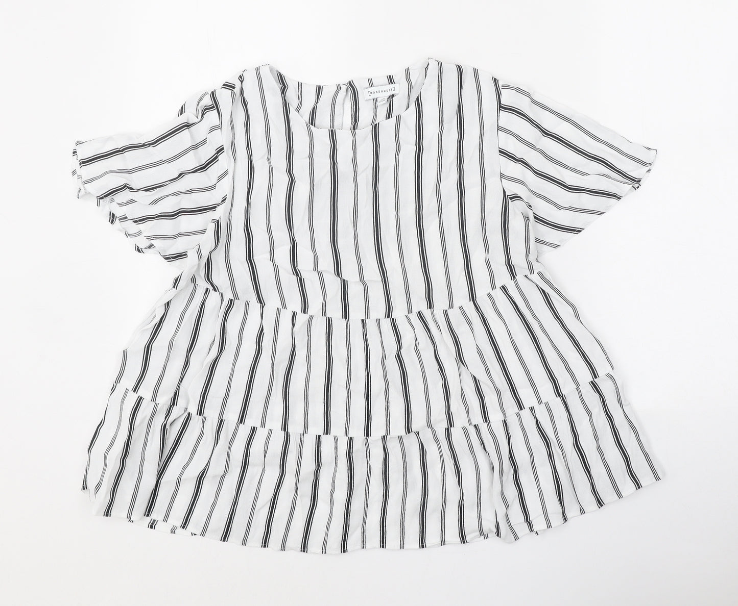 Warehouse Womens White Striped Polyester Basic Blouse Size 12 Round Neck