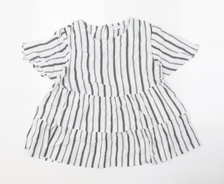 Warehouse Womens White Striped Polyester Basic Blouse Size 12 Round Neck