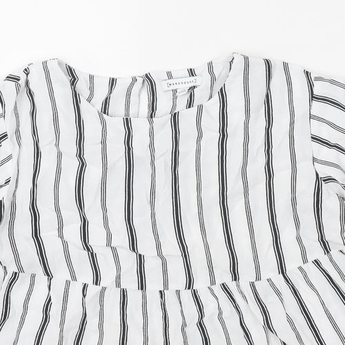 Warehouse Womens White Striped Polyester Basic Blouse Size 12 Round Neck