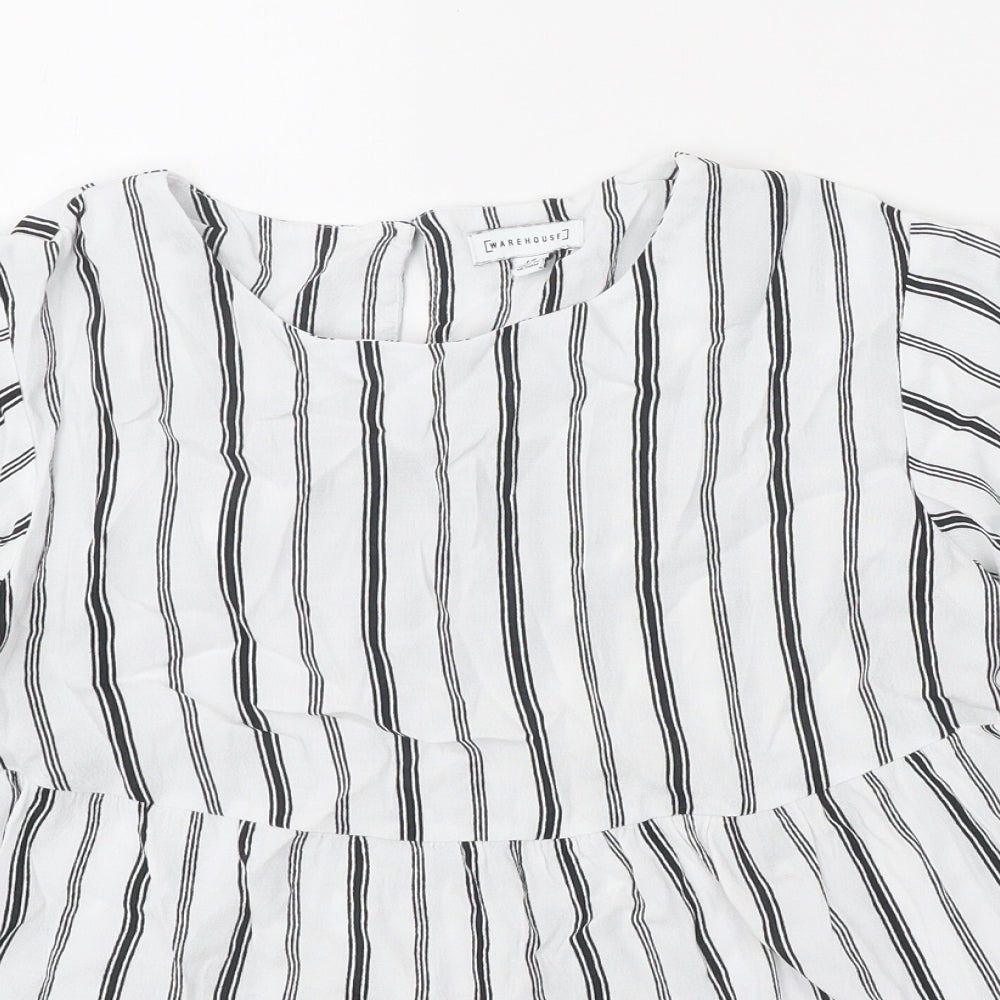 Warehouse Womens White Striped Polyester Basic Blouse Size 12 Round Neck
