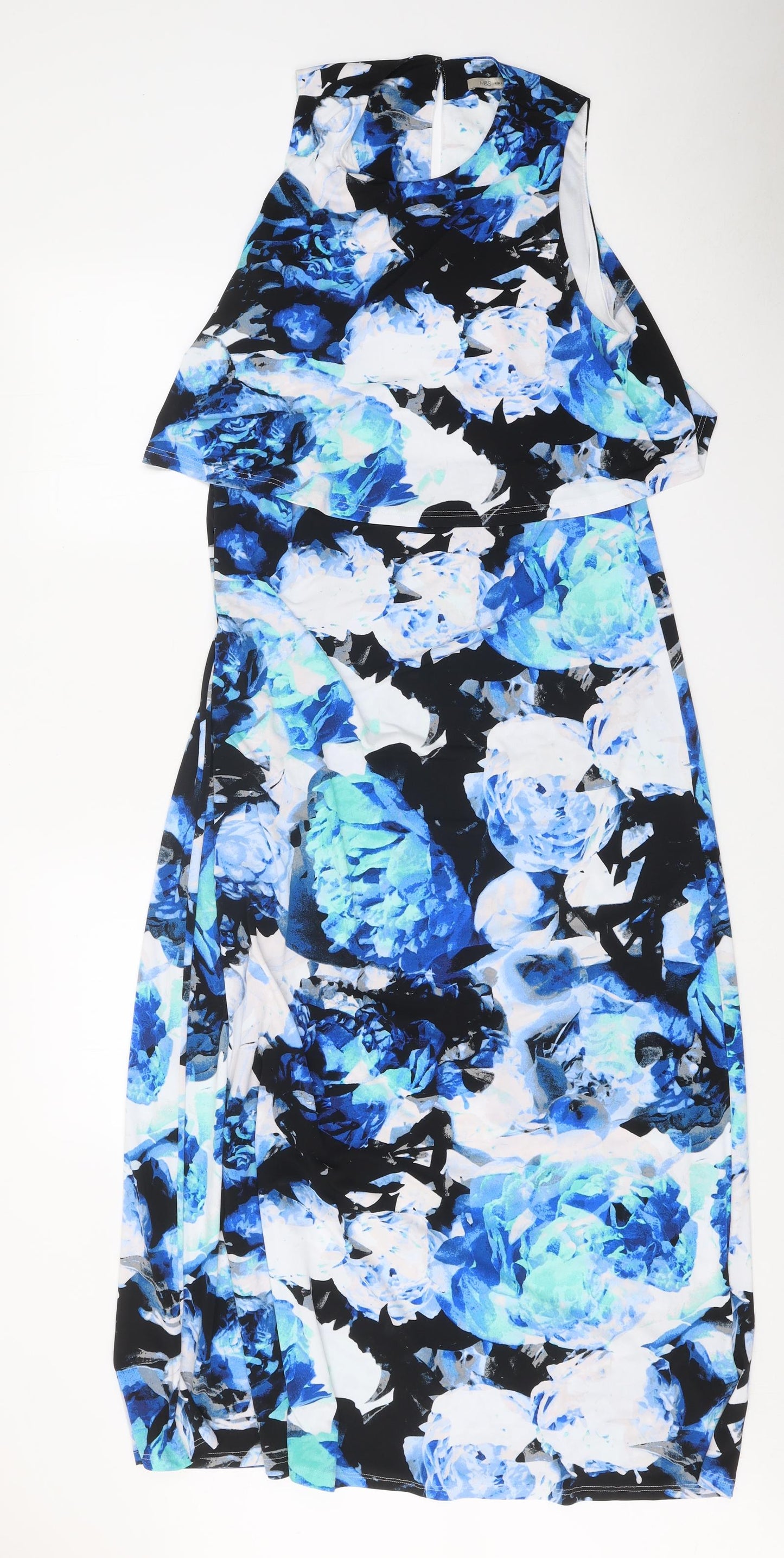 Marks and Spencer Womens Blue Floral Polyester Pencil Dress Size 14 Round Neck Button