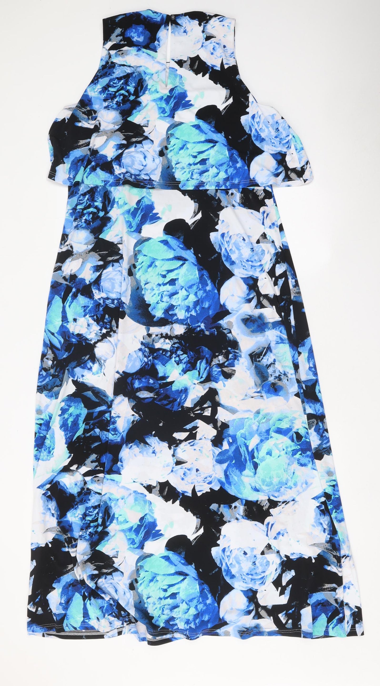 Marks and Spencer Womens Blue Floral Polyester Pencil Dress Size 14 Round Neck Button