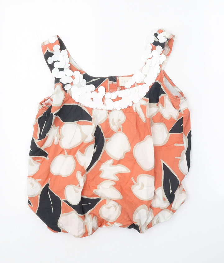River Island Womens Orange Floral 100% Cotton Basic Tank Size 10 Scoop Neck - Elastic Hem