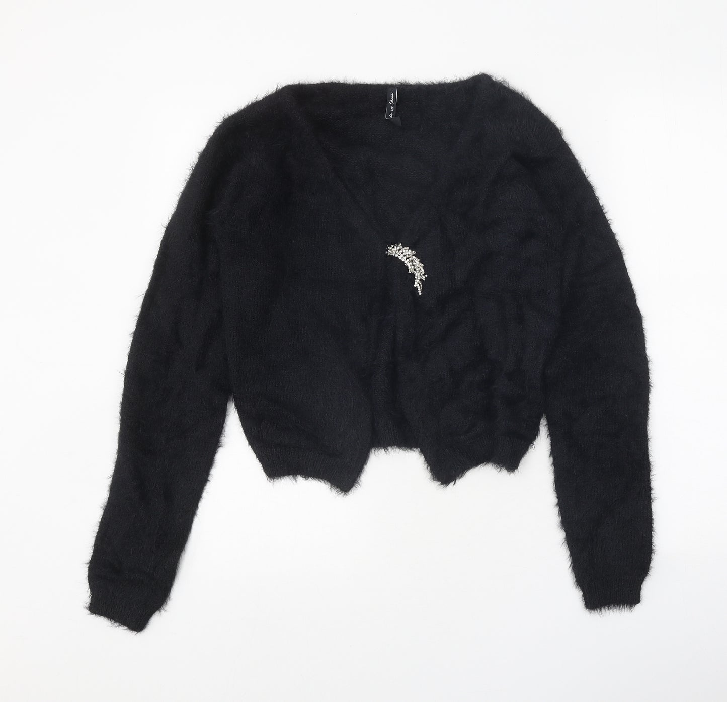 AsYou Womens Black V-Neck Nylon Cardigan Jumper Size 10 - Cropped Fluffy