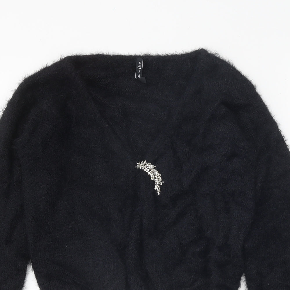 AsYou Womens Black V-Neck Nylon Cardigan Jumper Size 10 - Cropped Fluffy
