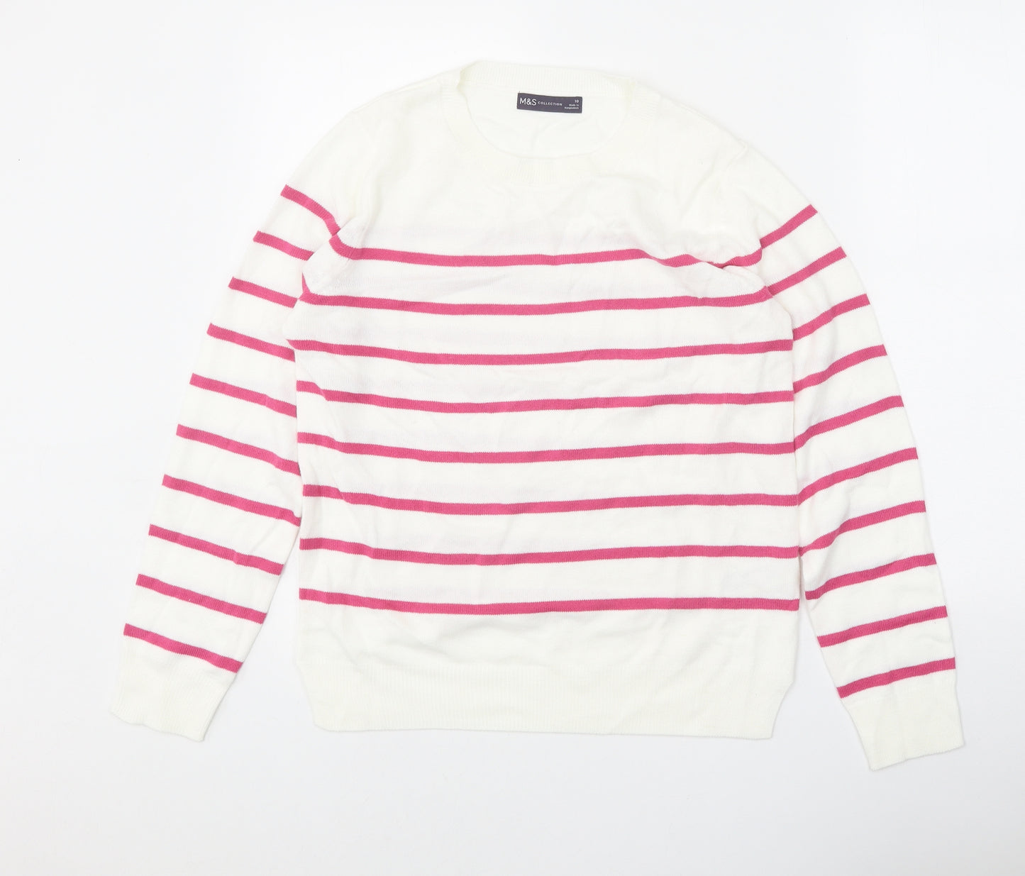 Marks and Spencer Womens White Scoop Neck Striped Acrylic Pullover Jumper Size 10
