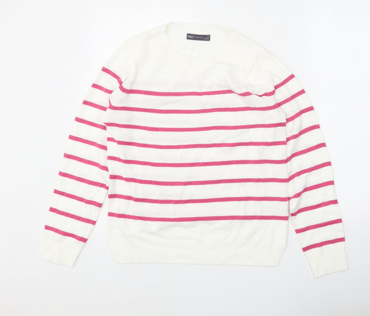 Marks and Spencer Womens White Scoop Neck Striped Acrylic Pullover Jumper Size 10