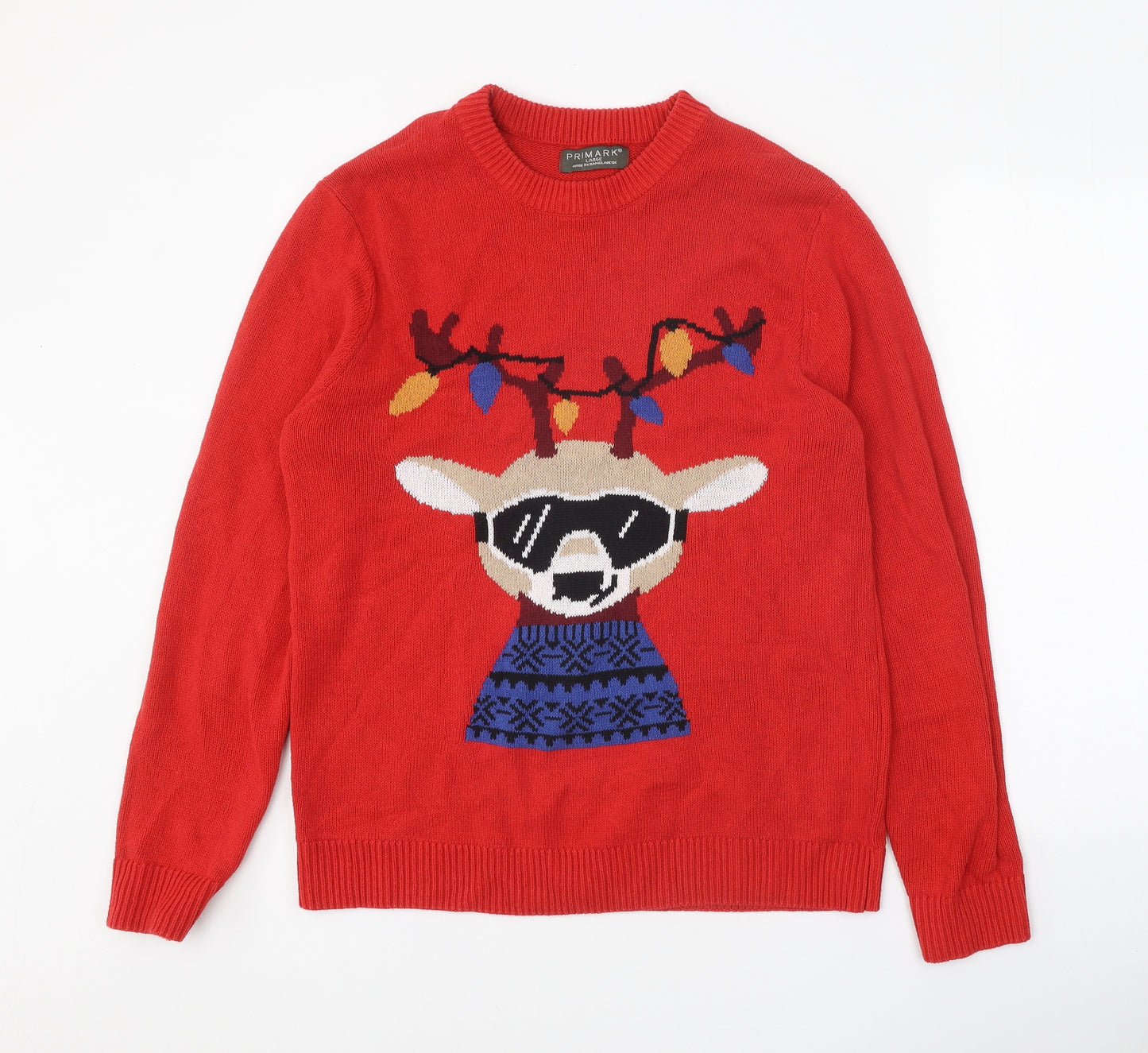 Primark Womens Red Round Neck Cotton Pullover Jumper Size L - Christmas Reindeer