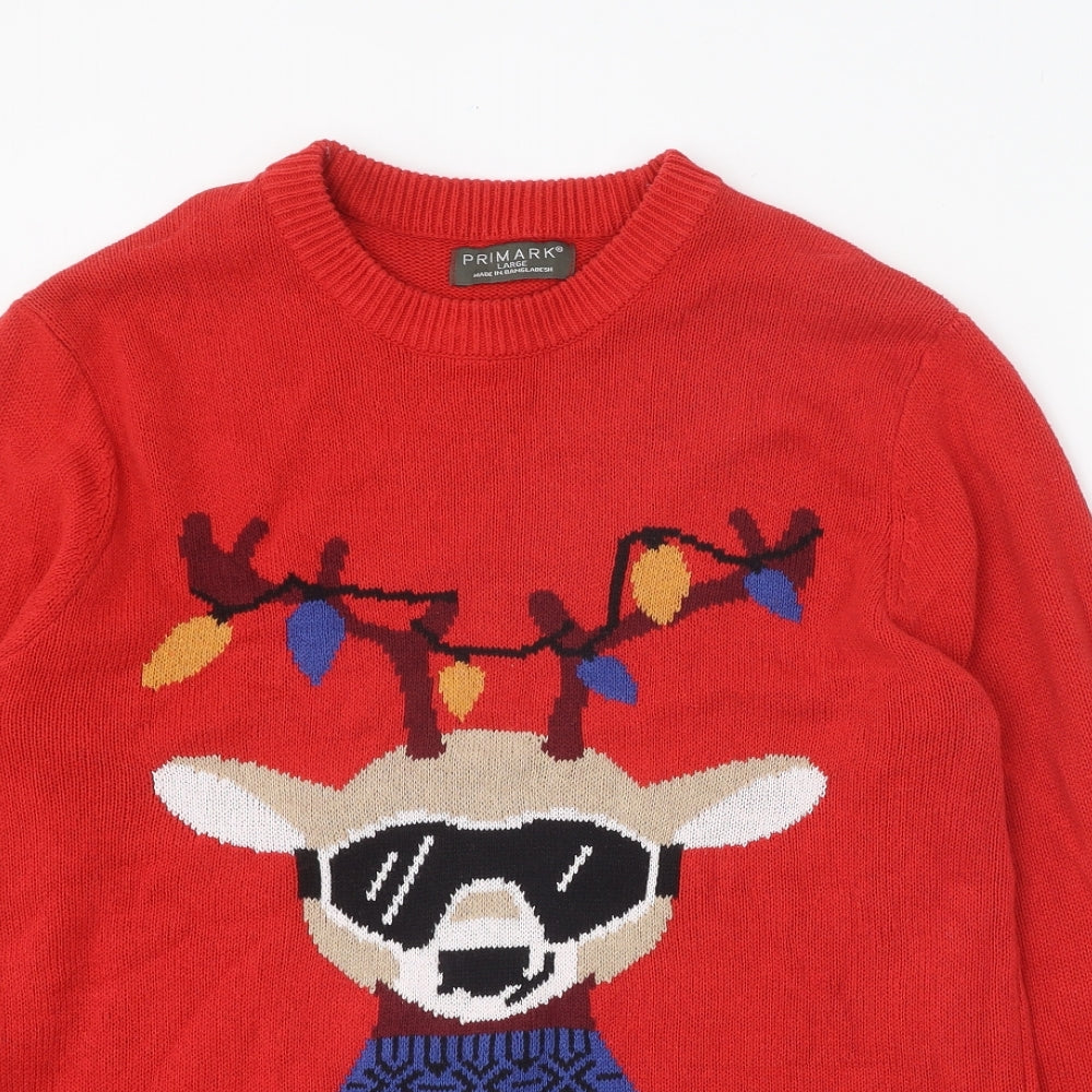 Primark Womens Red Round Neck Cotton Pullover Jumper Size L - Christmas Reindeer