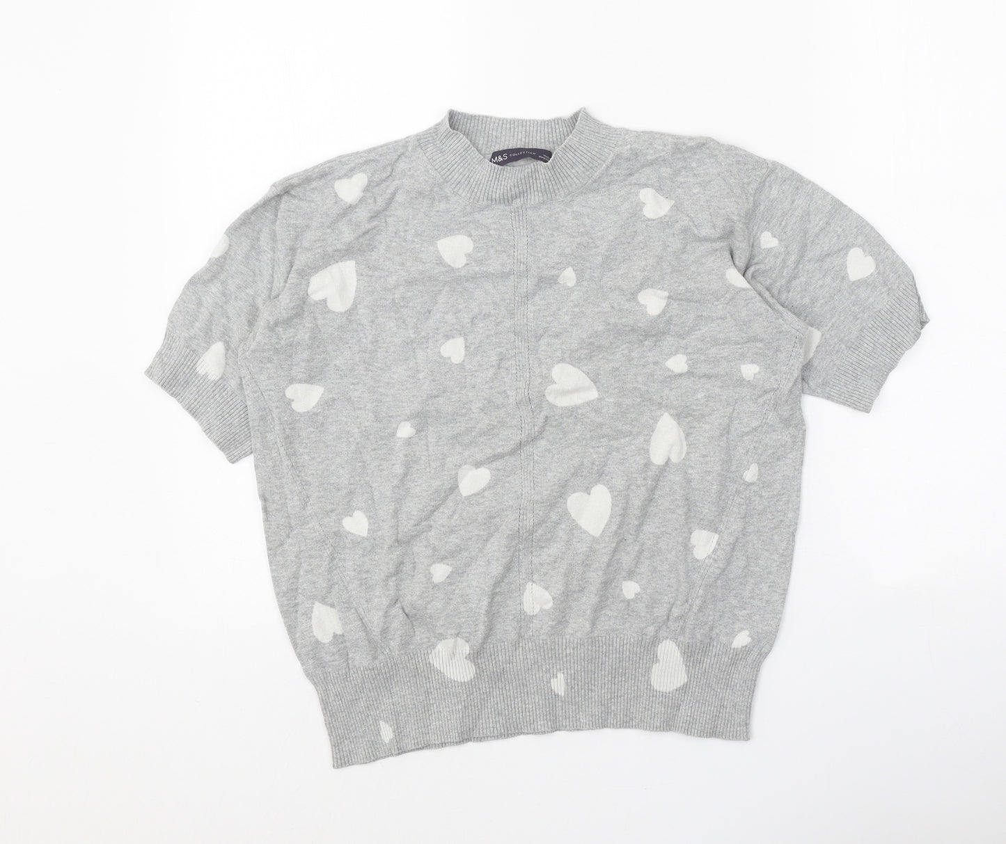 Marks and Spencer Womens Grey Mock Neck Geometric Cotton Pullover Jumper Size S - Heart Print