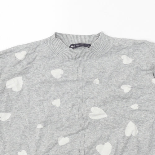 Marks and Spencer Womens Grey Mock Neck Geometric Cotton Pullover Jumper Size S - Heart Print