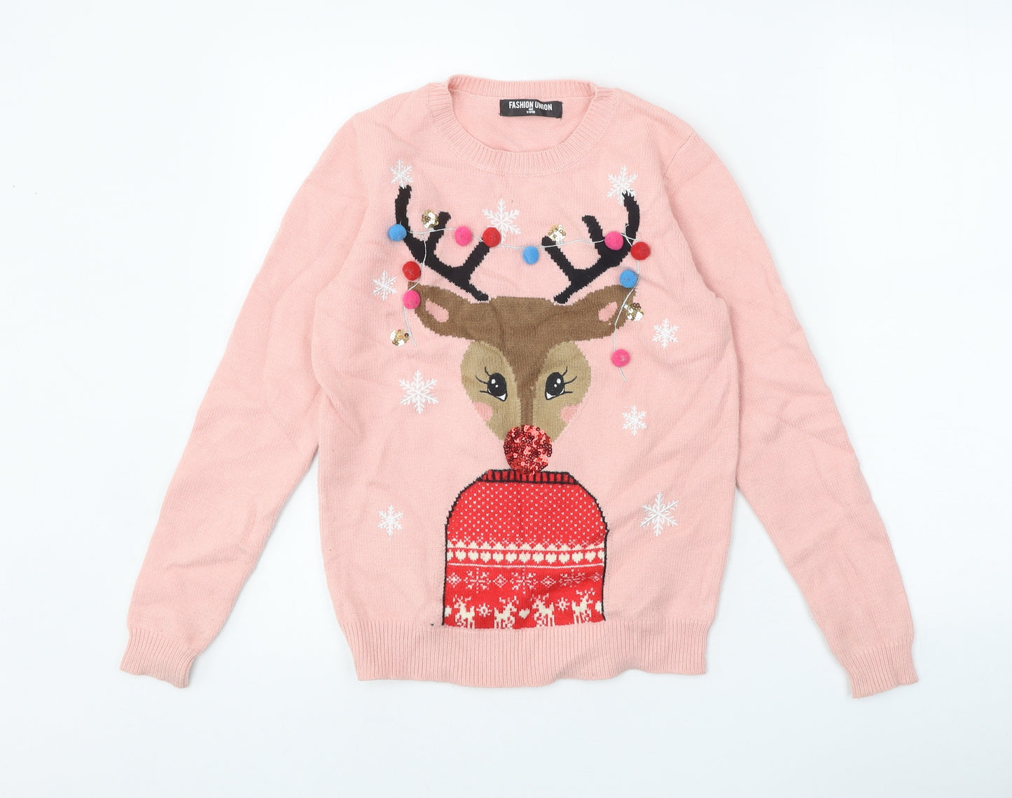 Fashion Union Girls Pink Round Neck Viscose Pullover Jumper Size 11-12 Years Pullover - Christmas